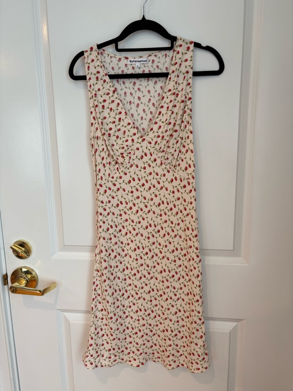 Reformation Cream Dress with Red Rose Print